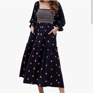 Smocked Floral Embroidered Maxi Dress